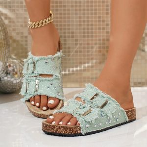 One-word slippers women's flat fashionable flash diamond sandals