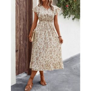 Printed French-style floral wrap-around dress fitted waist