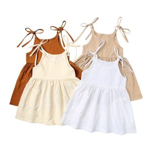Summer solid-color cotton and linen two-pocketed halter-neck tie-waist children's halter dress