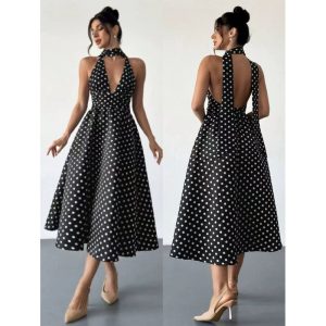 Dot-patterned strappy, sexy deep-neckline, backless dress with a long skirt