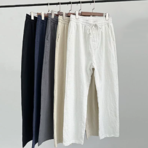 Men's summer lightweight loose-fitting stretchy straight-leg cotton-polyester long pants in ice silk and linen fabric