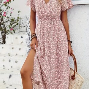 Women's summer high-waisted V-neck pleated dress in new floral print with short sleeves