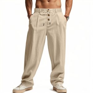 Men's drawstring summer beach pants straight-leg solid color comfortable breathable long pants
